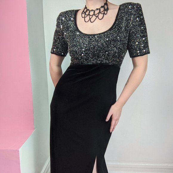 Vintage 90s Beaded Black Velvet Formal Maxi Dress - Picture 2 of 6